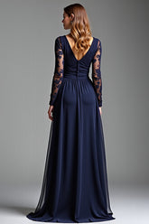 Marineblaues A-Linie Chiffon Spitze Abendkleid mit langen Ärmeln und V-Ausschnitt